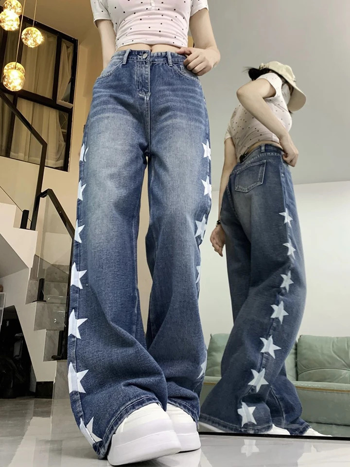 Zoki Cute Star Print Jeans Women Vintage High Waist Loose Denim Pants Preppy Style Japan Casual Female Kawaii Retro Trousers 250319