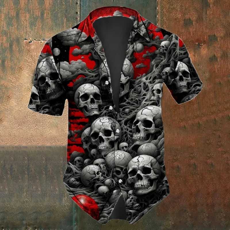 Retro Mens Shirts Small Skull Print Short Sleeve Loose Oversized Hawaiian Shirt Fashion Man Clothes Skull Black Shirts For Men M250320