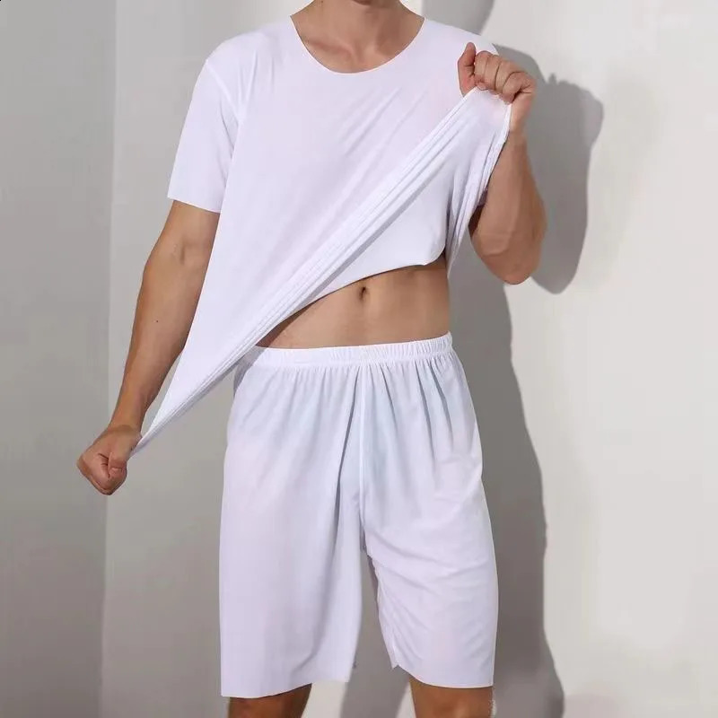 Mens TwoPiece Summer Thin Section Senior Ice Silk Feeling Round Neck Solid Color Short Sleeve Suit Sports Casual Homewear 250319
