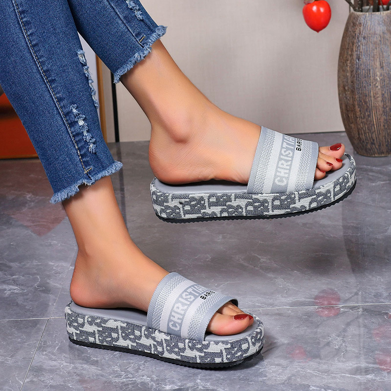 Thick-soled new summer 2025 small fragrant style with letters one-word slippers large size wedge heels casual and for outdoor wear