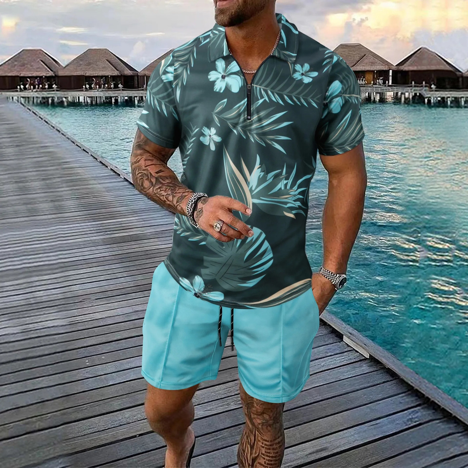 Summer Mens Beach Casual Zipper Top Short Sleeve Printed T-shirt Two Piece Brushed Shorts Set 250314