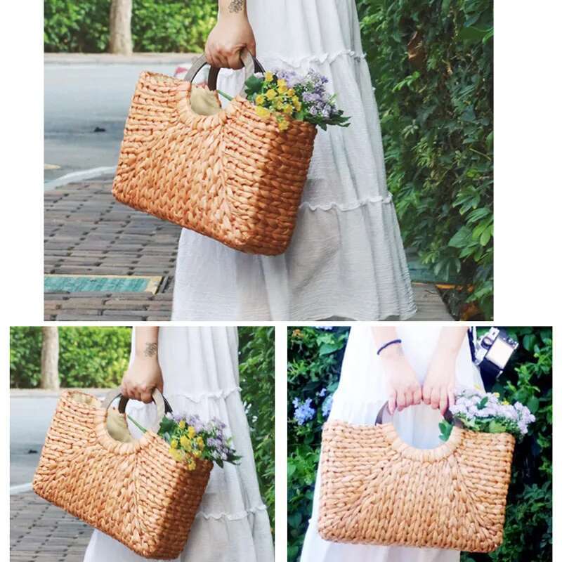 Women Wooden Ring Portable Korean Foreign Of Corn Skin Retro Art Beach Travel Pictures Props Straw Moon Bag