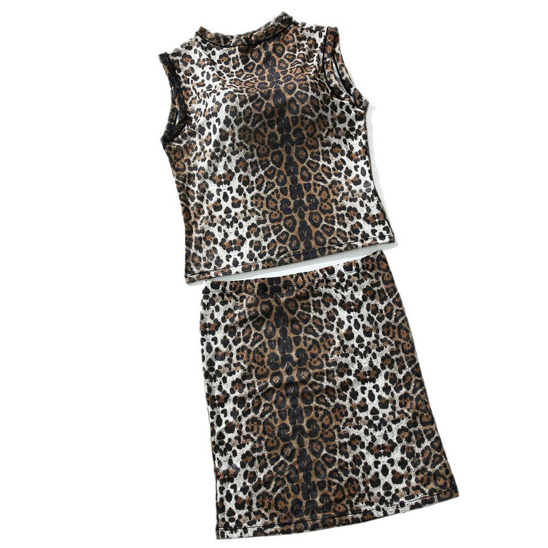 New Summer Leopard Pattern Sexy Hot Girl Set Women's Fashion Casual Bag Hip Short Skirt Sleeveless Top