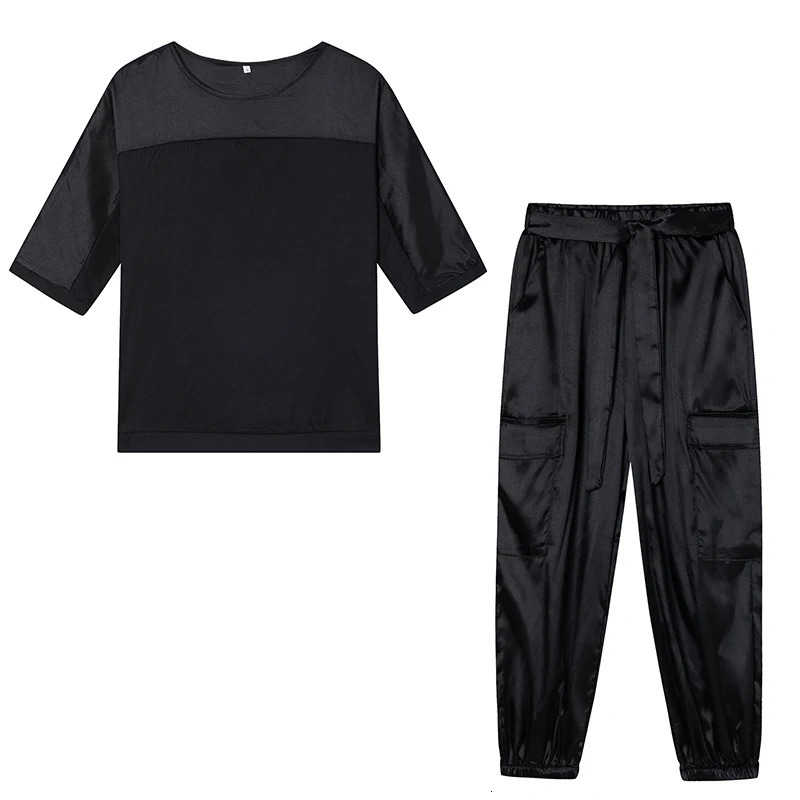 European and American Cross-border Fashion Womens Smooth Satin Half Sleeved Upper Garment Set Two-piece Casual Set 250320