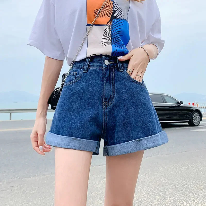 Summer Womens Denim Shorts High Waist Blue Cotton Wide-leg Short Pants s Student Mini Korean Fashion Womens Jean Shorts 250320