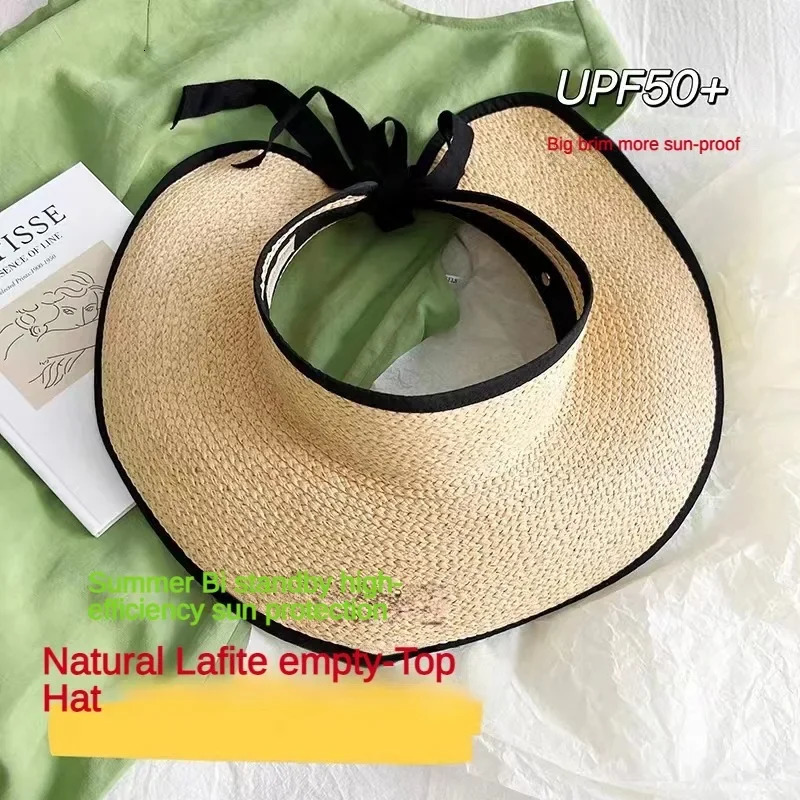 Korean Style Large Edge Empty Top Wine Rafia Straw Hat Womens Bow Summer Outdoor Anti-UV Sports Beach Sun Hat Wholesale 250320