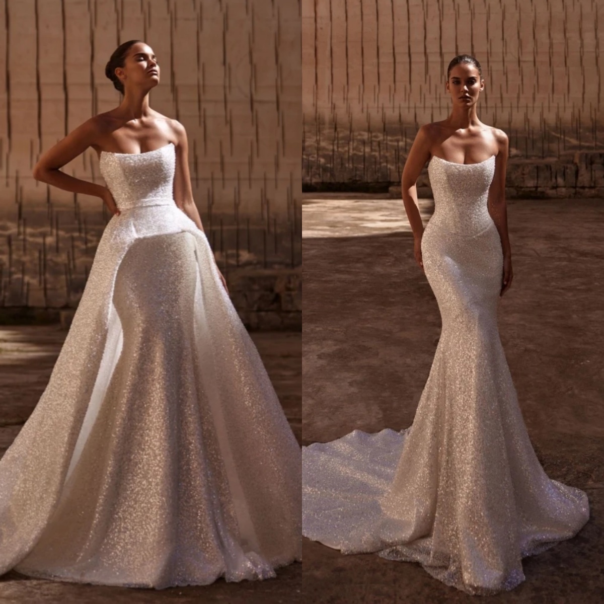 Simple Mermaid Wedding Dress Strapless Sleeveless Backless Bridal Gowns Sequins Detachable Train Dresses Custom Made vestidos de novia