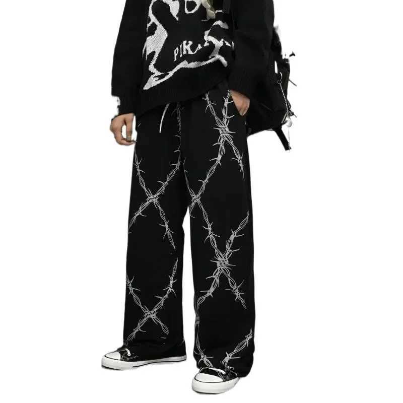 Korean style Harajuku retro black unique printed casual straight leg pants with loose fit mens high waist bell bottomT250319