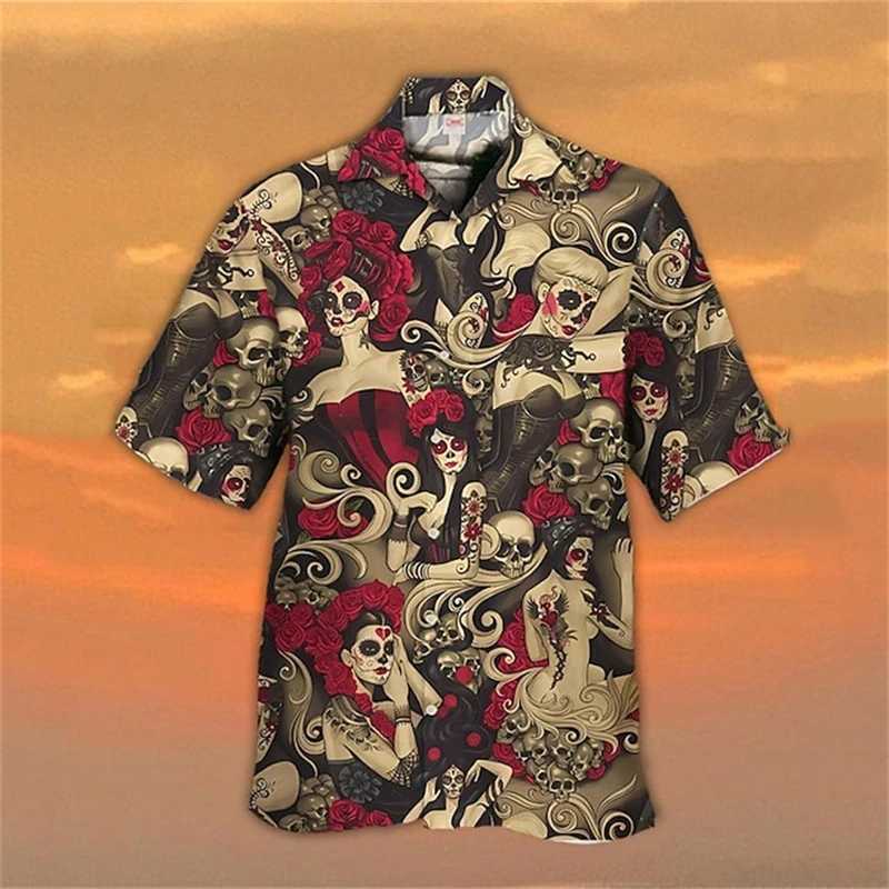 Latest Skeleton Collar Mens Shirt Horror 3D Printing Casual Hawaiian Shirt Mens Retro Shirt Mens Button Short Sleeve Mens Clothing M250320