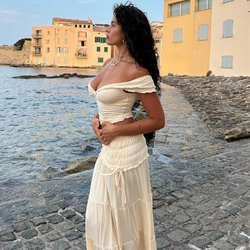 Elegant Solid Knit 2 Piece Sets Fashion Women Slim Ruffle Cake Maxi Skirts French Slash Neck Tops Suit Casual Beach Streetwear 250320
