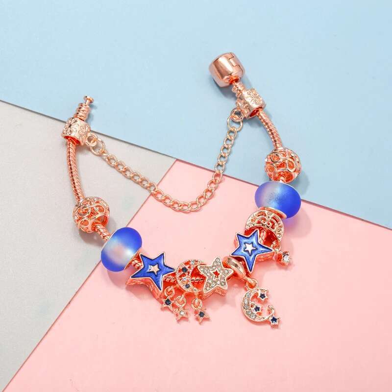 Original Charm Bracelet For Women Blue Crystal Star Beads Pendant DIY Snake Chain High Quality Jewelry Dropshipping