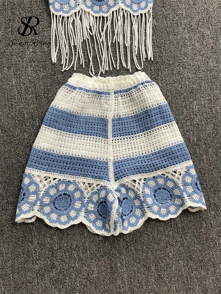 SINGREENY Summer Sexy Beach Set Fashion Strap Tassel Tank TopElastic Wide Leg Shorts Hollow Casual Two Piece Set 250318