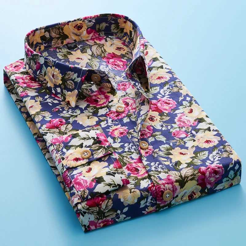 Size M-5XL New Summer Mens Long Sleeve Hawaiian Shirt Cotton Casual Flower Shirt Wave Regular Mens Clothing Fashion CS11 M250320
