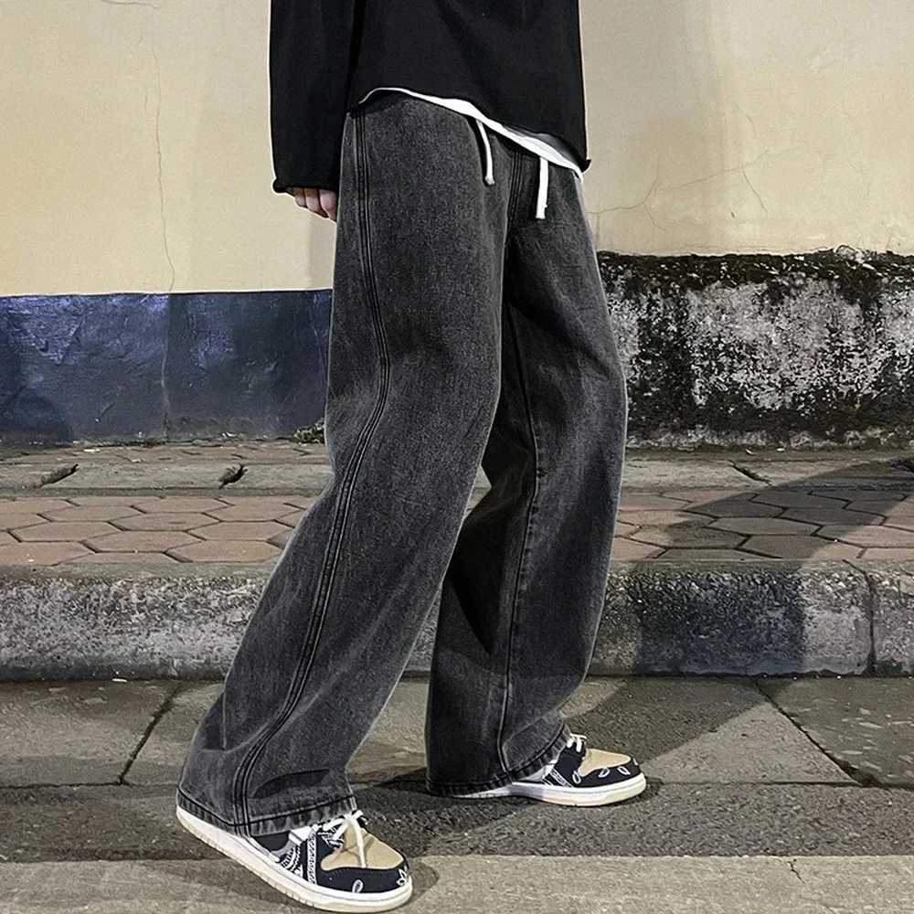 Mens solid color drawstring jeans loose straight Korean retro street hip-hop Y2K casual daily drawstring wide leg pantsT250319