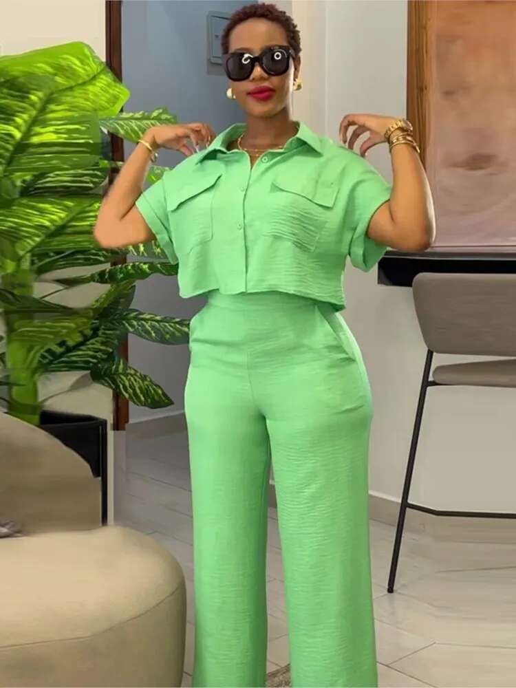 Women's Two Piece Sets Spring Summer Casual Solid Turn-Down Neck Short Sleeve Loose Top & Wide Leg Pants Set Streetwear Outfits