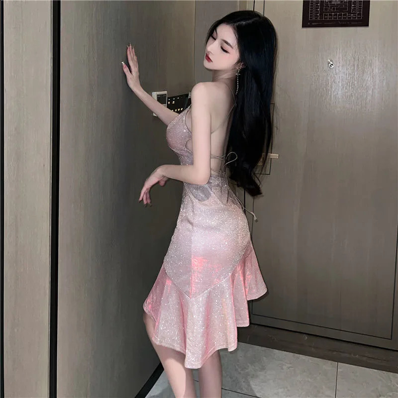 Biyaby sexy womens golden mermaid dress summer spaghetti strap strapless elastic solid color bandage Vestido 250319