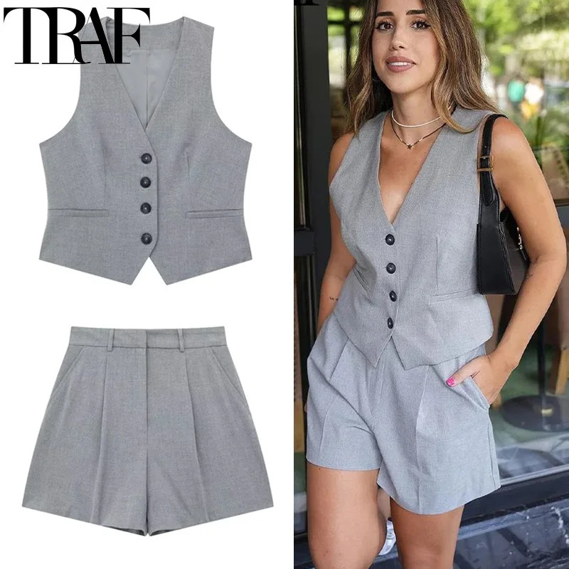 TRAF twopiece womens shorts set sleeveless formal vest top pleated gray casual 2piece 250320