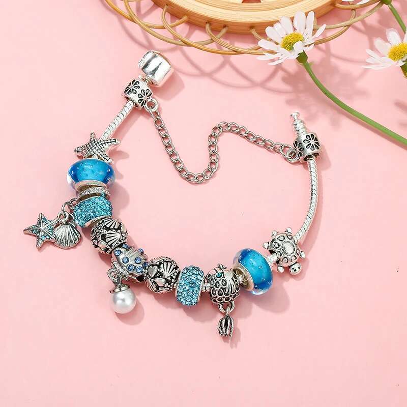 Summer Style Shell Fish Pendant Charm Bracelets With Silver Color Turtle Beads Bracelet For Women Men Girl Pulseras Jewelry Gift