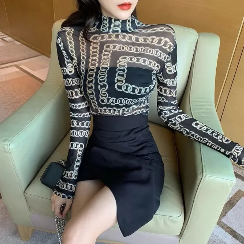 Leopard Printed Bodycon Sexy Long Sleeves Tops Mesh T Shirt Casual Nightout Y2K Covers Women Clothes Lady Party Club Streetwear 250320
