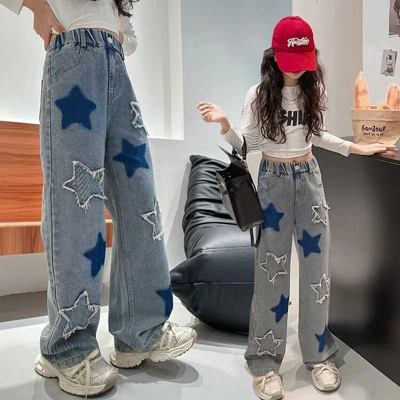 5 7 9 11 13 14Y baby girl loose pants 2024 spring/summer new fashionable side pentagonal star design pants for children Trouser childrenT250326