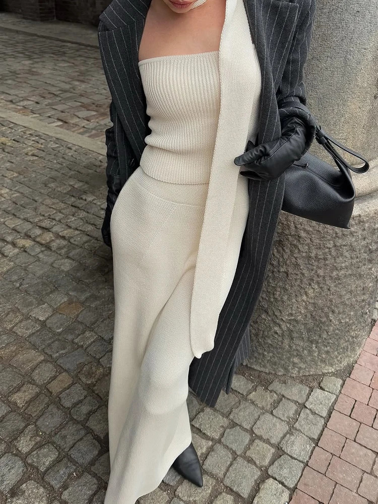 Taruxy Knitted Dress Set Womens Elegant Strapless Top Ultra Thin High Waist Long Style Summer Sweater 2-piece Set 250317