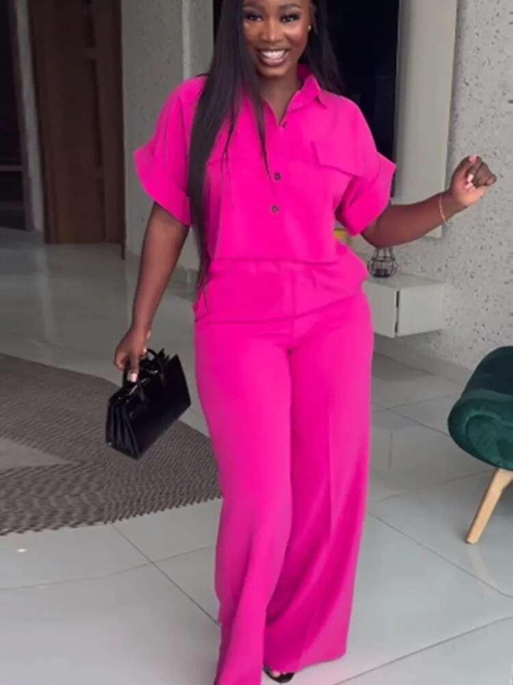 Women's Two Piece Sets Spring Summer Casual Solid Turn-Down Neck Short Sleeve Loose Top & Wide Leg Pants Set Streetwear Outfits