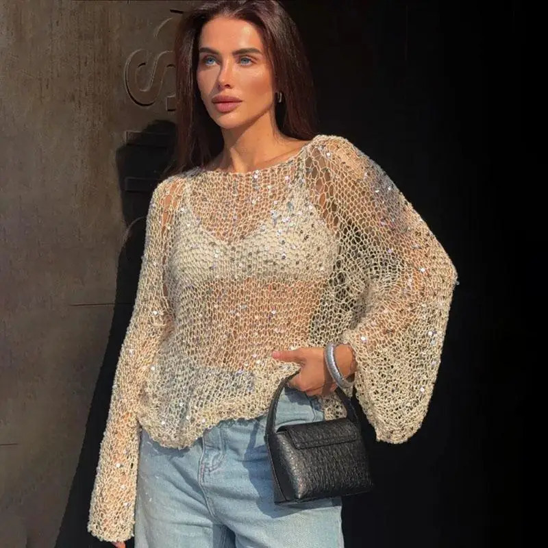 Women Sequins Pullover Hollow Out Knit Top Loose O-neck Long Sleeve Sweater Sweet Sexy Glitter Lady Shirts Spring Sumer 250320