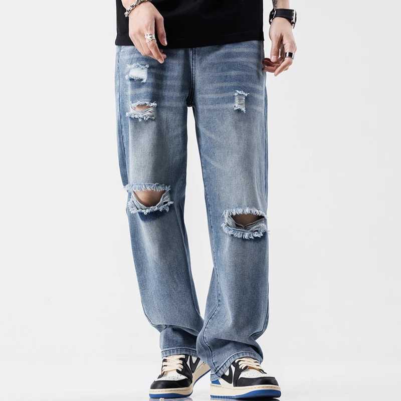 Fashionable retro jeans mens streetwear ripped loose hip-hop hole Trouser casual straight mens clothing wide jeansT250319