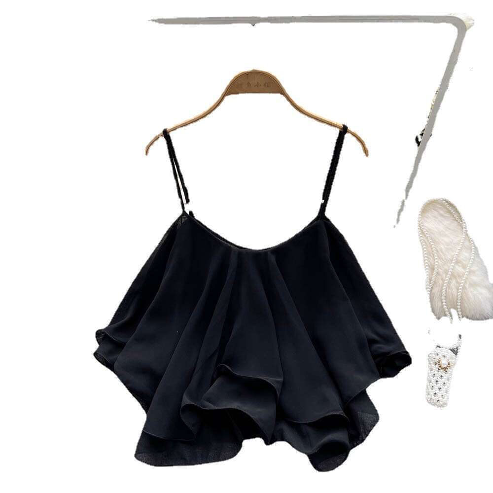 Designer Tshirt Women Shirts 2025 Summer Blouse Versatile Loose Ruffle Edge Off Shoulder Double Layer Sleeveless Chiffon Suspended Tank Top for Women