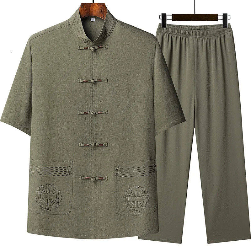 Tang style toppants mens fashionable business collar ed round buckle Chinese checkered dress Hanfu Taiji suit 250317