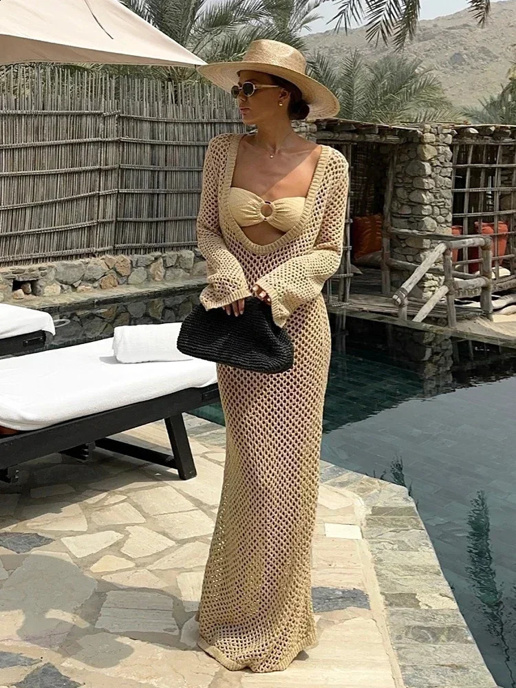 Sexy U-neck Bell Sleeve Knit Maxi Dress Summer 2024 Women Swimwear Feminine Bikinis Cover-ups Holiday Crochet Beach Outfit K21 250317