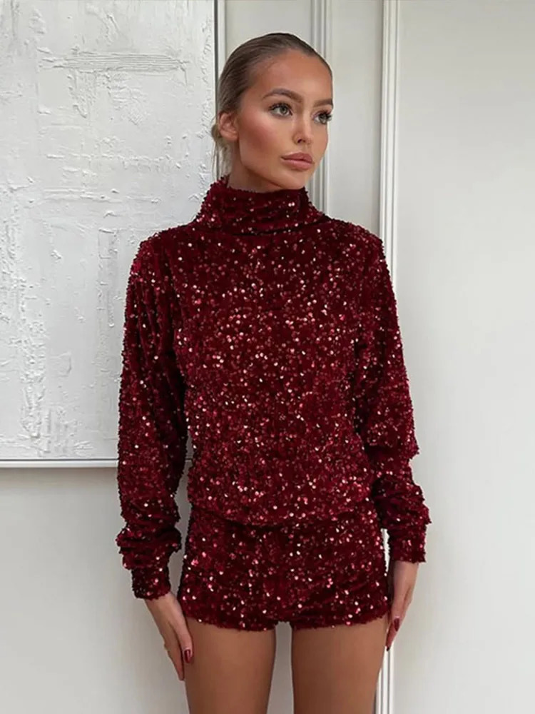 Retro Sequin Turtleneck Shirt Shorts Womans Set Y2K Glitter Solid Short Sleeve Shirts Slim Pants Sets Female Chic Street 250320