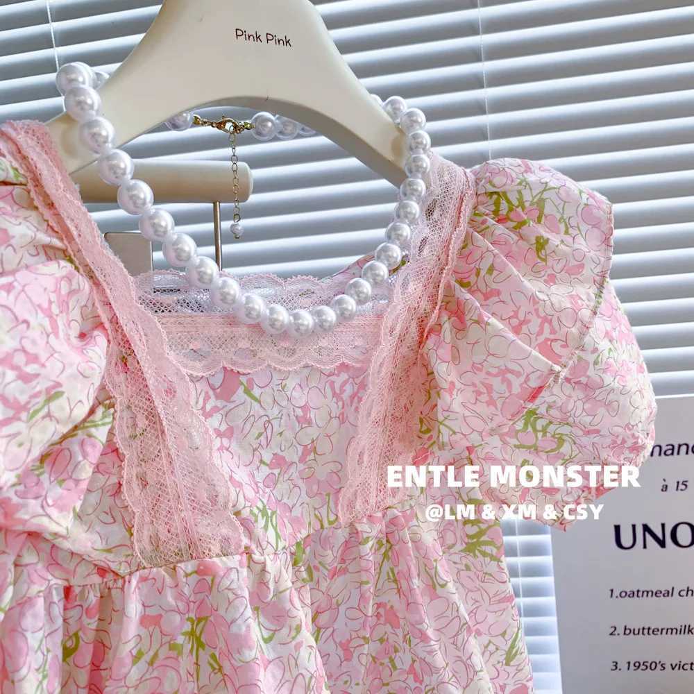 Summer 2023 3-9-year-old girl Korean short sleep top girl baby temperature sweet pink lace shirtT250320