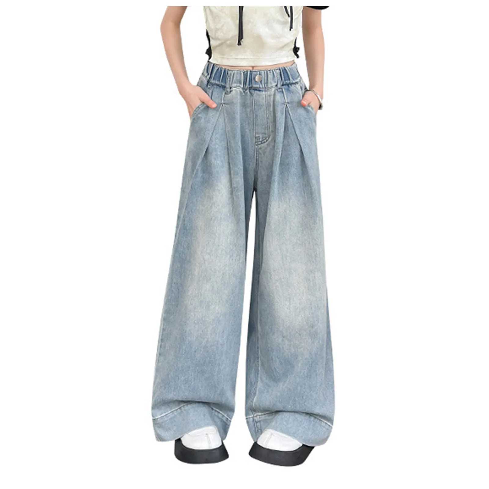 Girls Fashion Jeans Vintage Style Elastic Waist Loose Straight Wide Legs Denim With Pockets Spring Summer Outfits Girl TrouserT250326