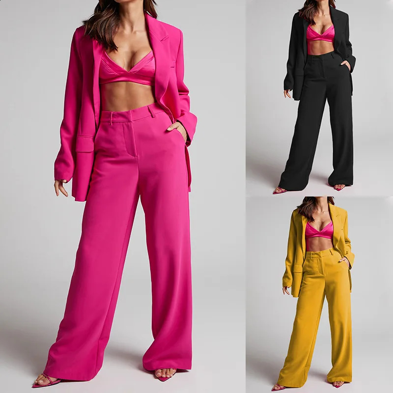 Fashion and casual womens jacket set elegant long pants solid twopiece office autumn winter clothing 250319