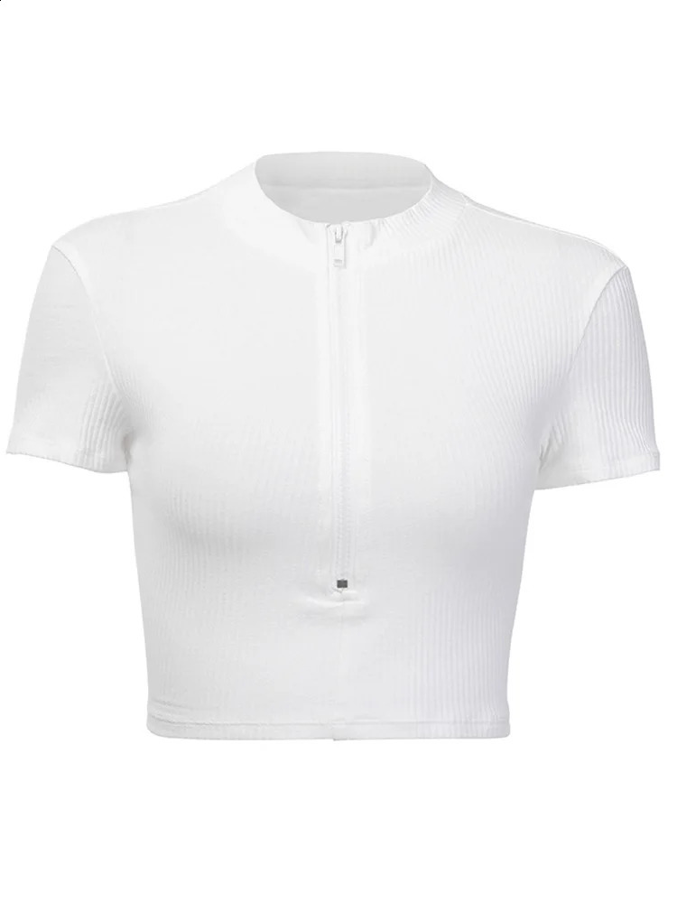 Fashion Slimming Zipper Tshirt Womens Bustier Tight corset Top High Collar Crop Pure White 250311