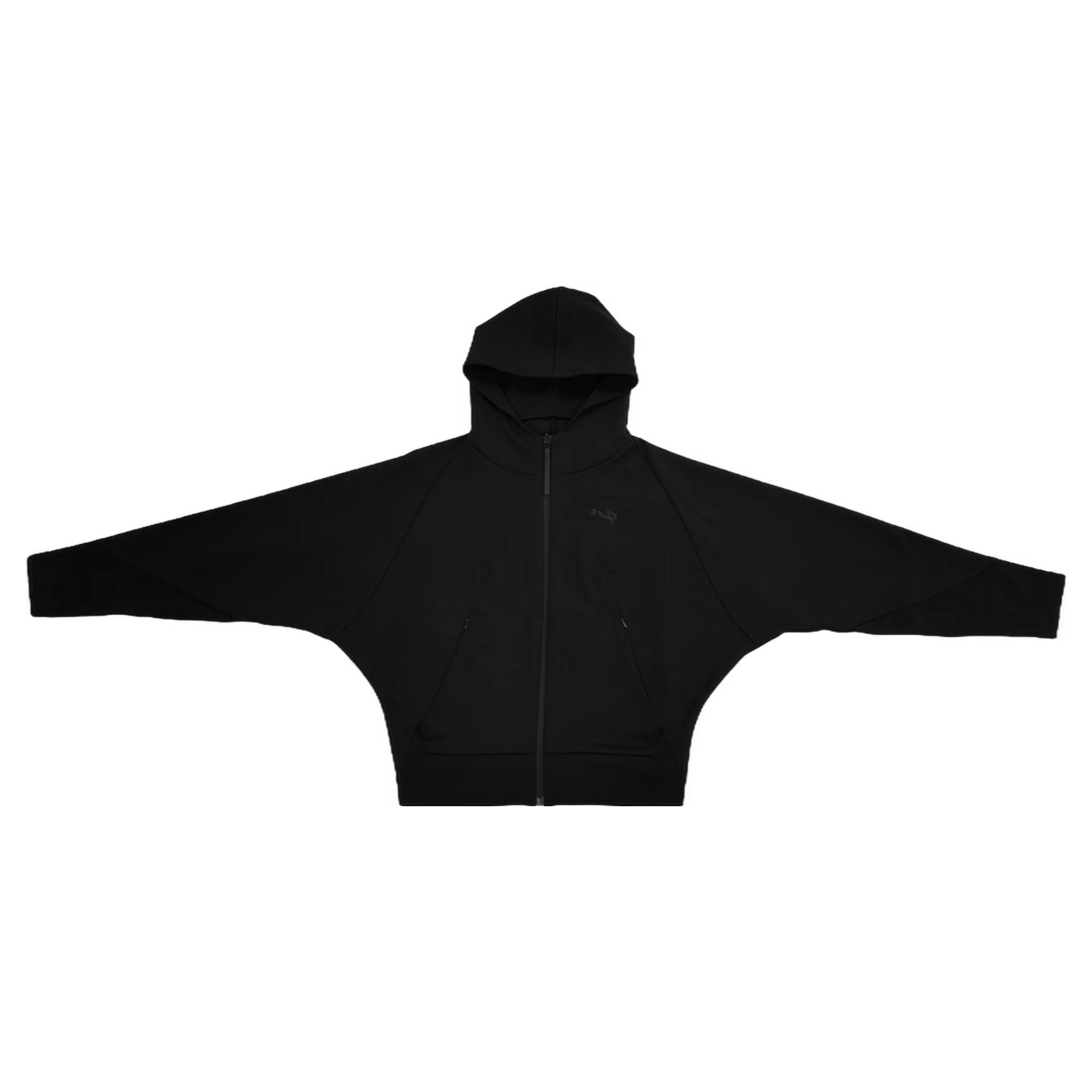 Black Hooded Dolman Sleeves Zip-up Jacket Activewear Sports Hoodie Casual Loose Fit Athleisure Clothes Outdoor Running Sweatshirt