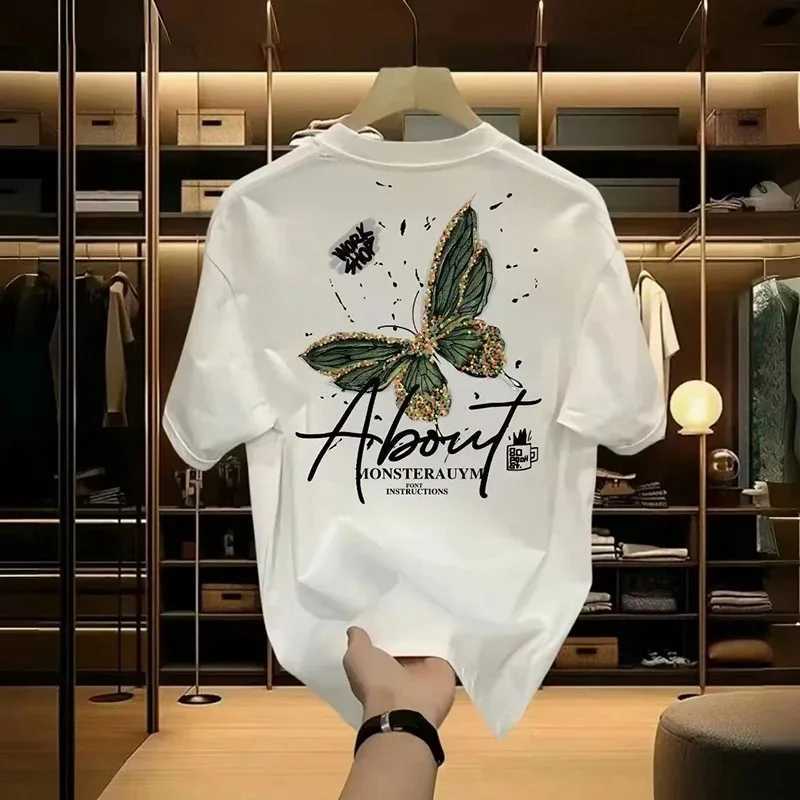 2024 New Womens Butterfly Printed Cotton Short Sleeve T-shirt Loose Fashion Edition Top Simple High Quality TopT250320