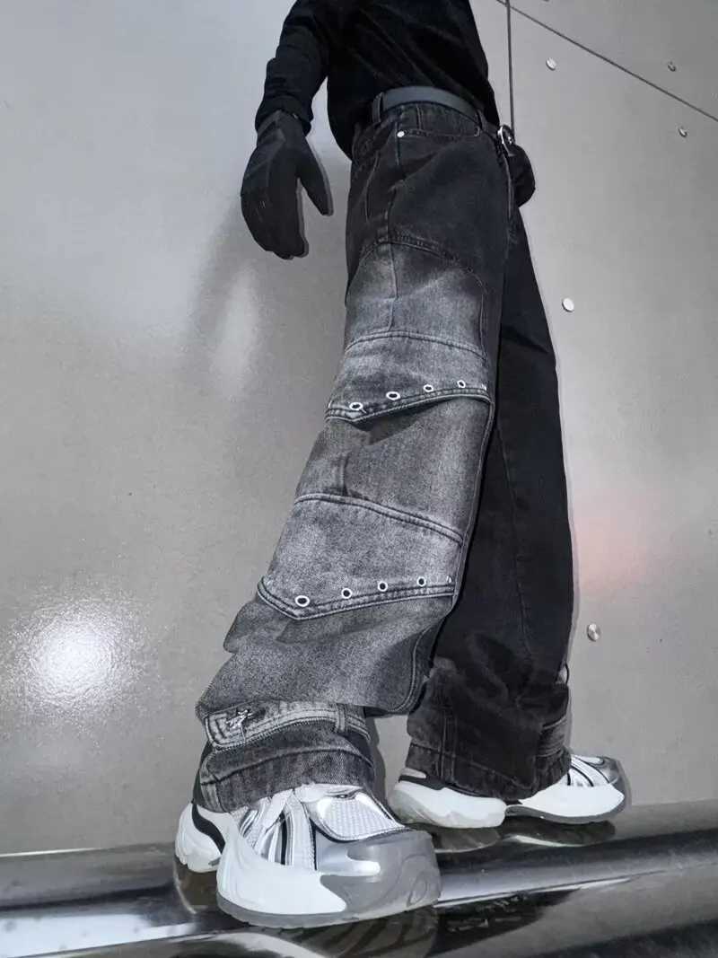2024 Pantalones Y2K Streetwear Retro Blue Pocket New Jeans Mens Cargo Pants Straight Wide Legs Hip Hop CowboyT250319