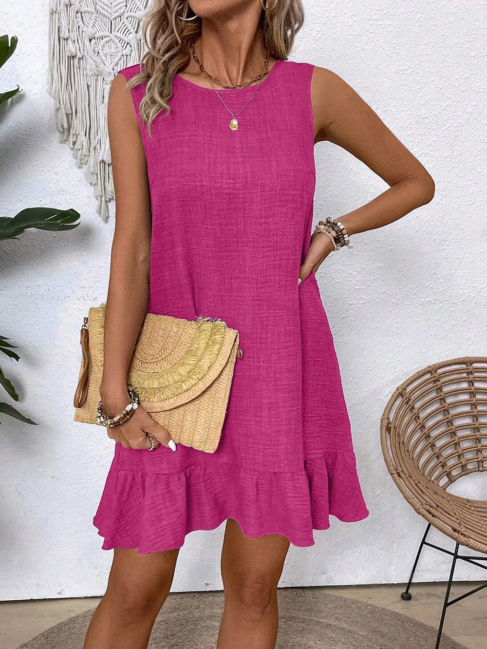 Women Summer Boho Mini Dresses Backless Bow Sleeveless Party Beach Casual Ruffled Dress Elegant Loose O Neck Vintage 250320