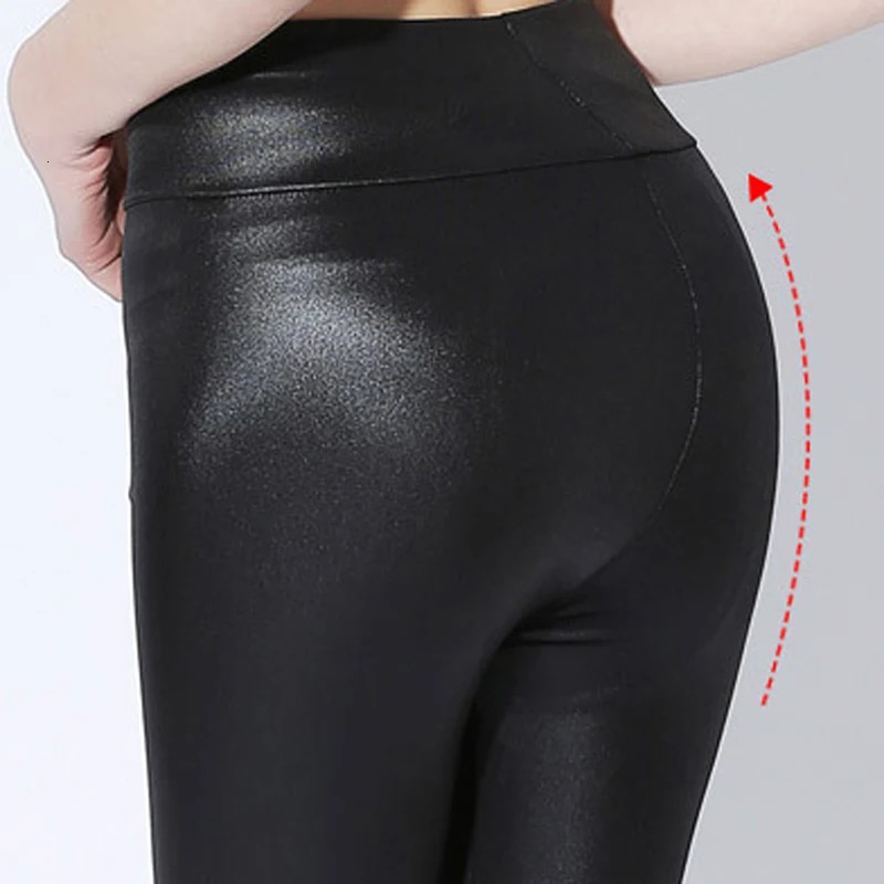 Women High Elastic Stretch Pencil Pants Autumn Winter Plush PU Leather Pants Female Sexy Waterproof Skinny Tight Trouser 250320