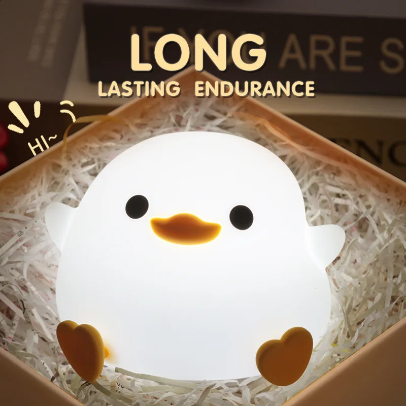 LED Night Light Cute Duck Cartoon Animals Decor Silicone Lamp for Children Kid Touch Sensor Timing USB Rechargeable for Birthday 250319