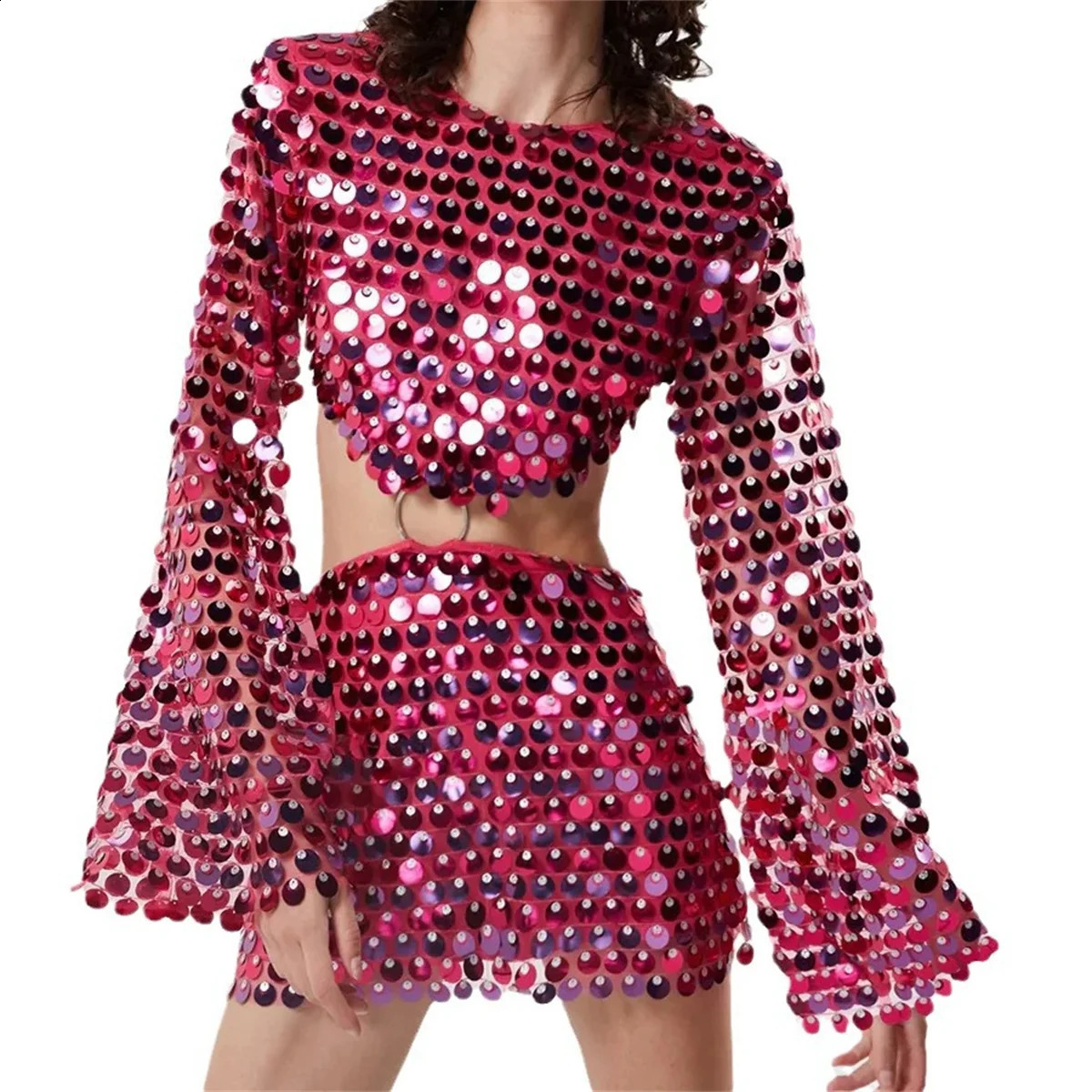 Sequins Hollow Out Mini Dress Womens Fashion Long Flare Sleeve Slim Glitter Dresses High Street Evening Party Club 250317
