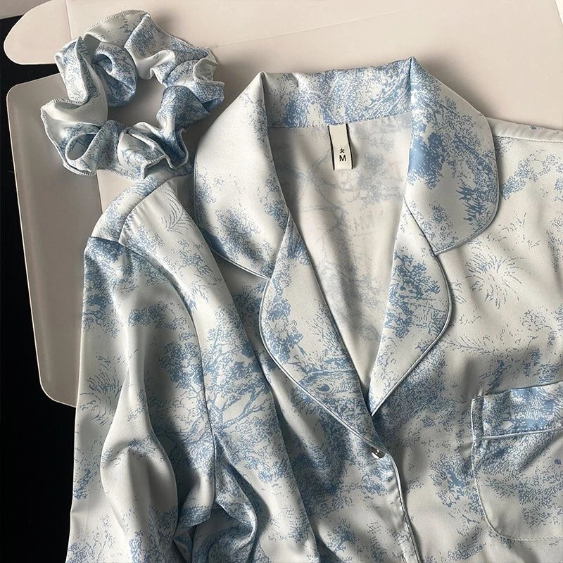 Spring Lapel Button Cardigan Lounge Sets Womens 2 Piece Ice Silk Pajamas for Women Fashion Printing Sleepwear for Wome 250320