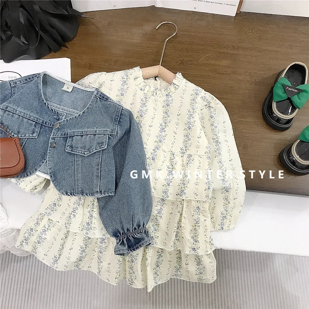 Girl Spring and Autumn Set Fashion Short Cowboy Jacket Flower Dress Two piece Clothes Suitable for Little Girls 250319