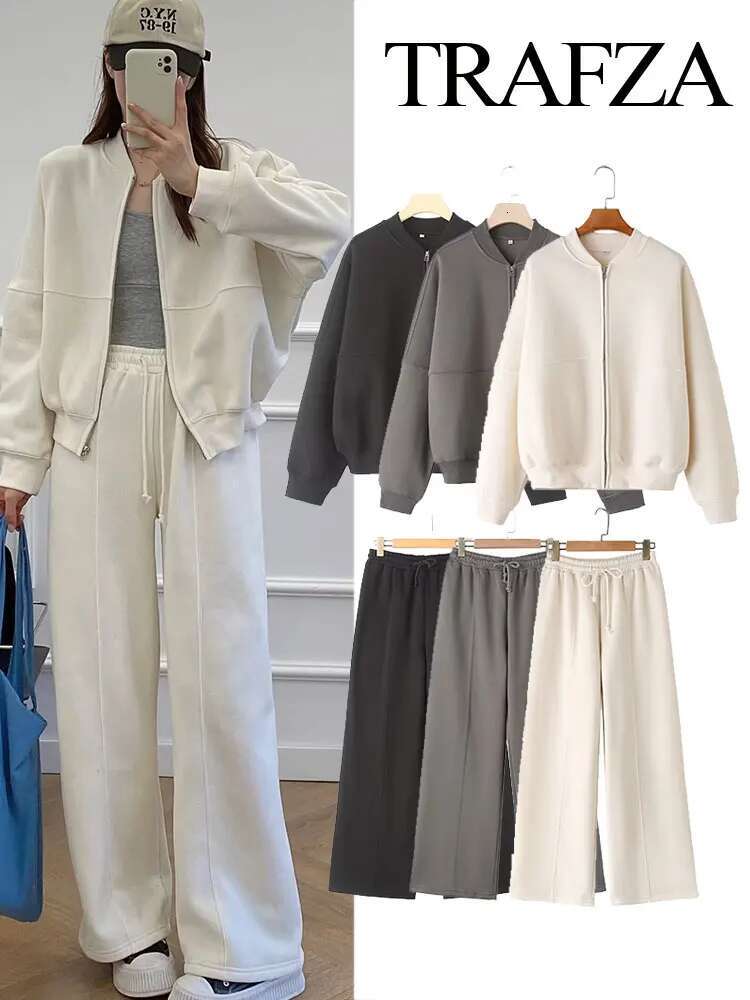 TRAFZA 2-Piece Retro Solid Color Zipper Bomber Jacket Sweatshirt + High-Waisted Lace-Up Women's Loose Veet Pants Suit