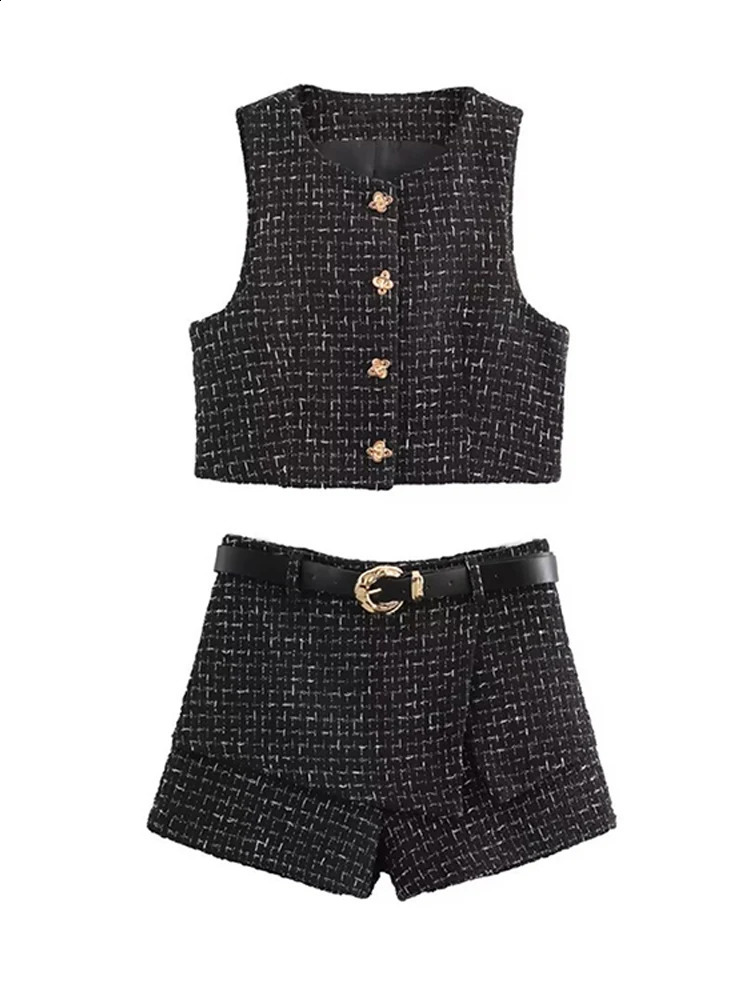 Elegant tweed shorts set womens ultra-thin single chest O-neck vest high waisted shorts with belt fashionable womens clothing for spring 250318