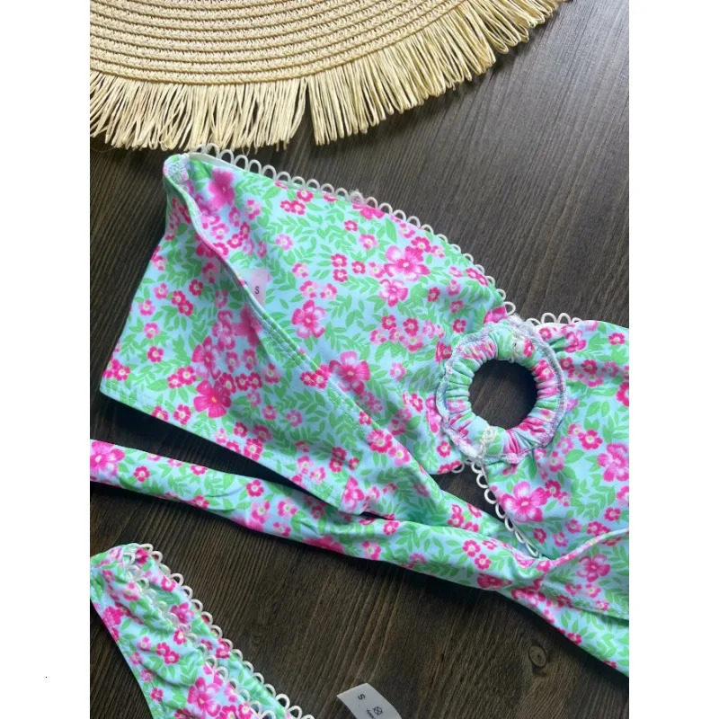 Floral Flowers Bandeau High Leg Cut Bikini Women Swimwear Female Swimsuit Two-pieces Bikini set Bather Bathing Suit Swim 250320