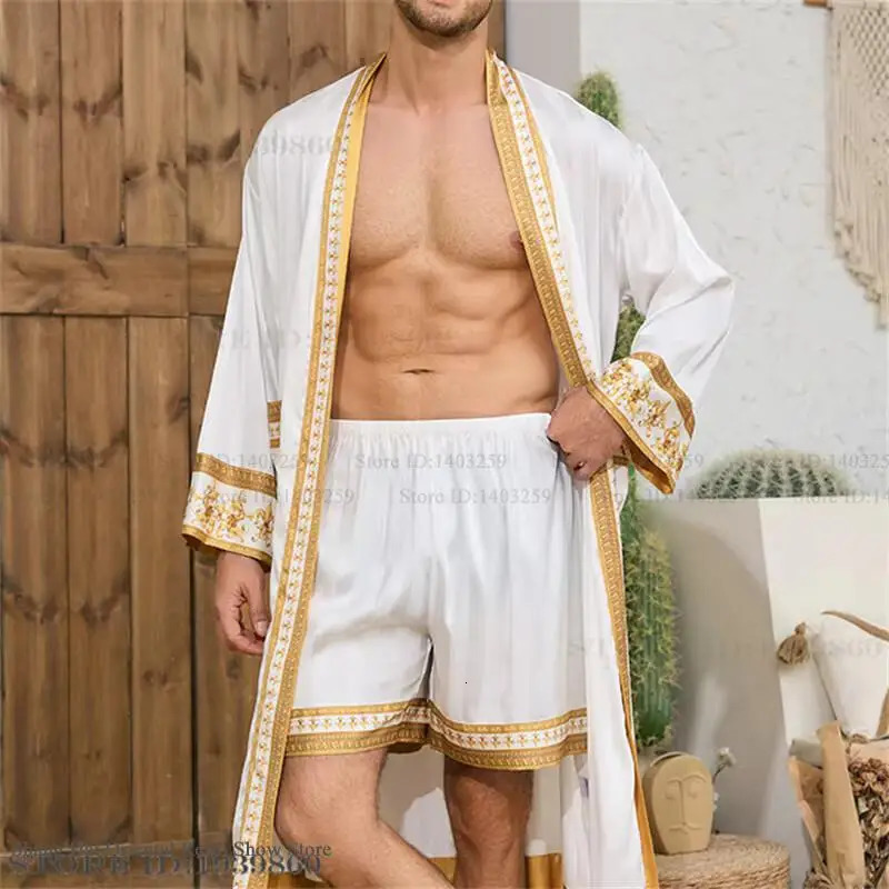 Spring mens long robes kimono bathroom gowns Baroque style silk satin pajamas home clothing loose casual sleepwear pajamas 250320
