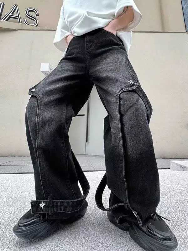 American streetwear mens and womens trendy hip-hop loose straight leg jeans suitable for couples personalized wide leg casual pants y2kT250319